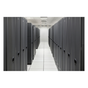 The image depicts a modern data center aisle with rows of server racks.