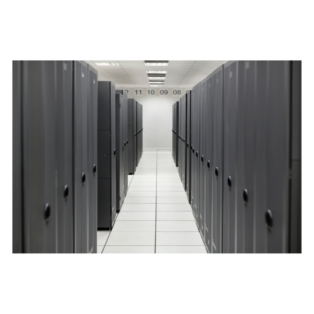 The image depicts a modern data center aisle with rows of server racks.
